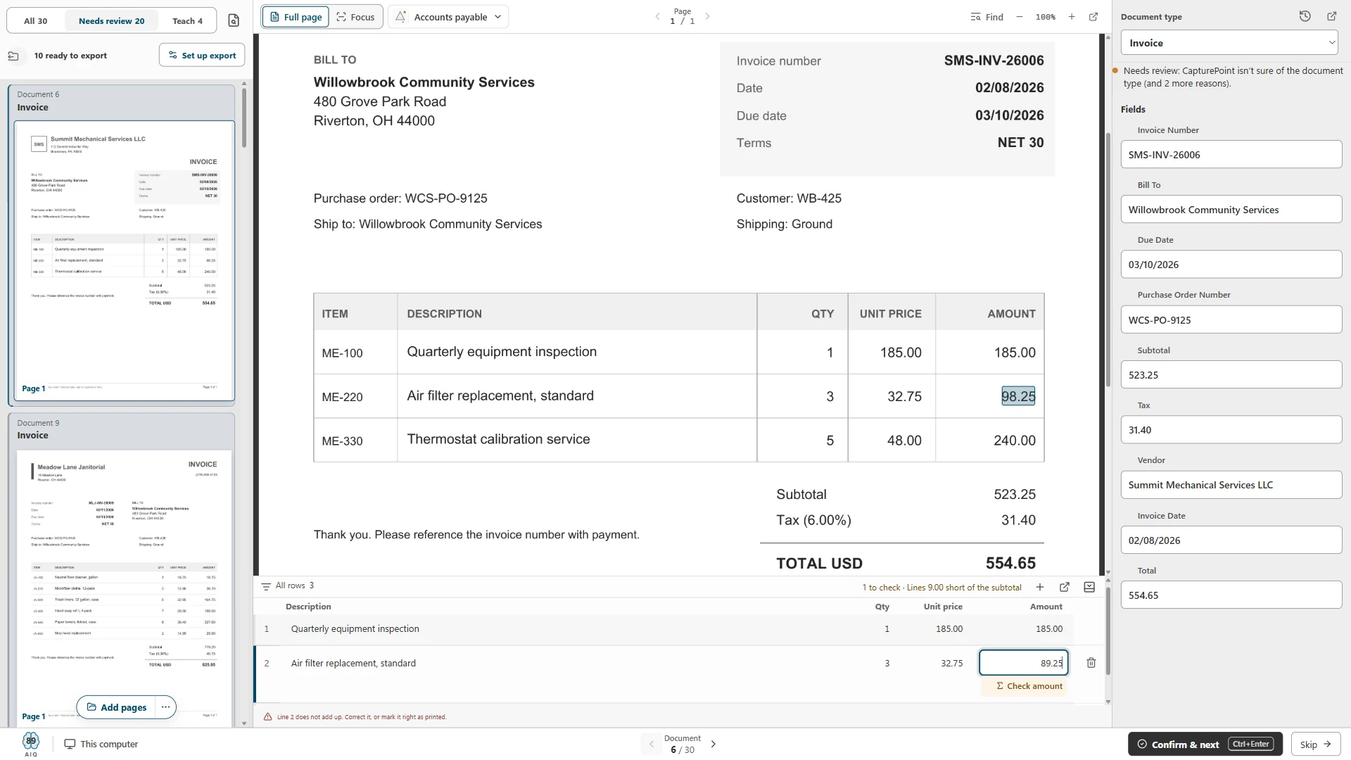 CapturePoint 6 review screen: a sample invoice beside its fields and line items, with line 2 flagged because 3 at 32.75 was read as 89.25 instead of 98.25