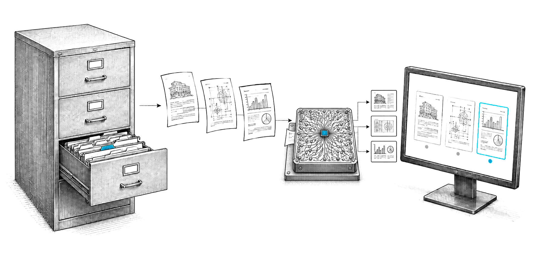Engraved illustration: documents leave a filing cabinet, pass through a learning core and arrive on screen as organized records