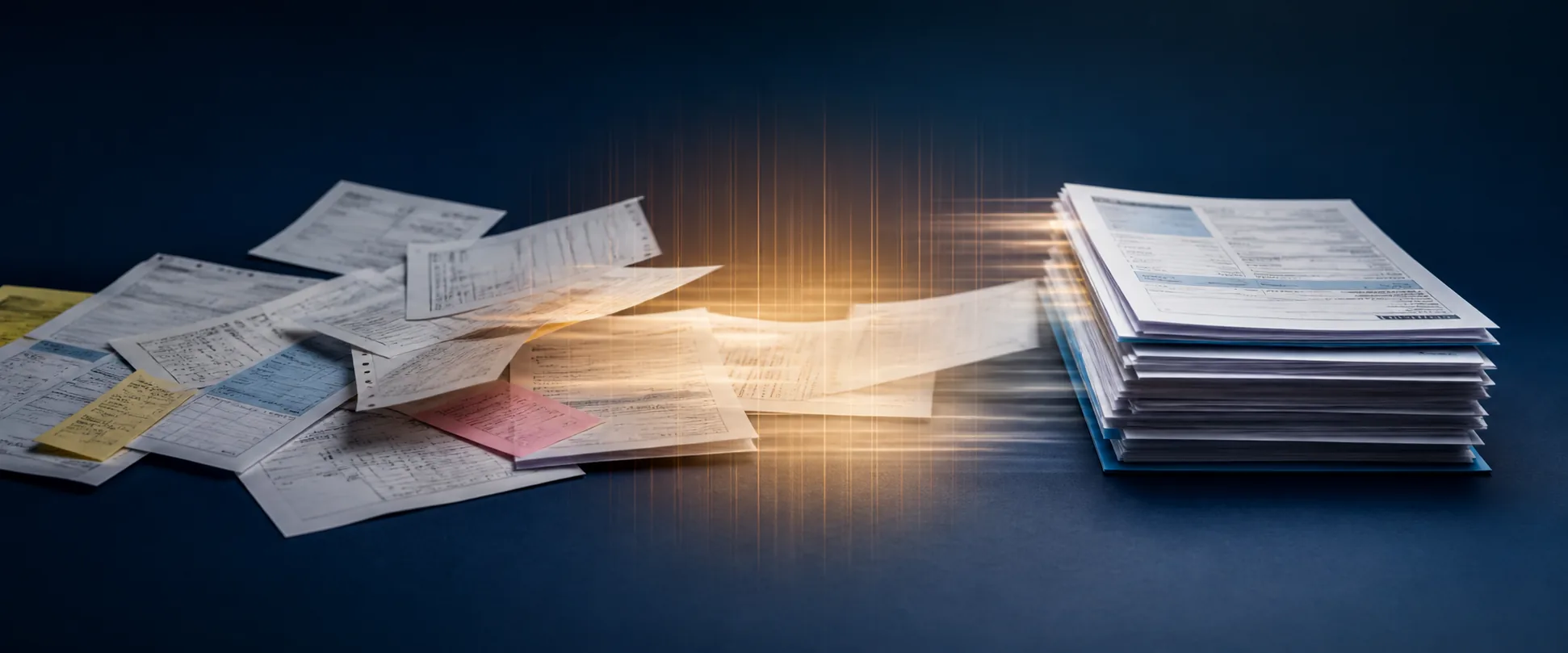 Loose pages streaming through a warm glow into an orderly stack