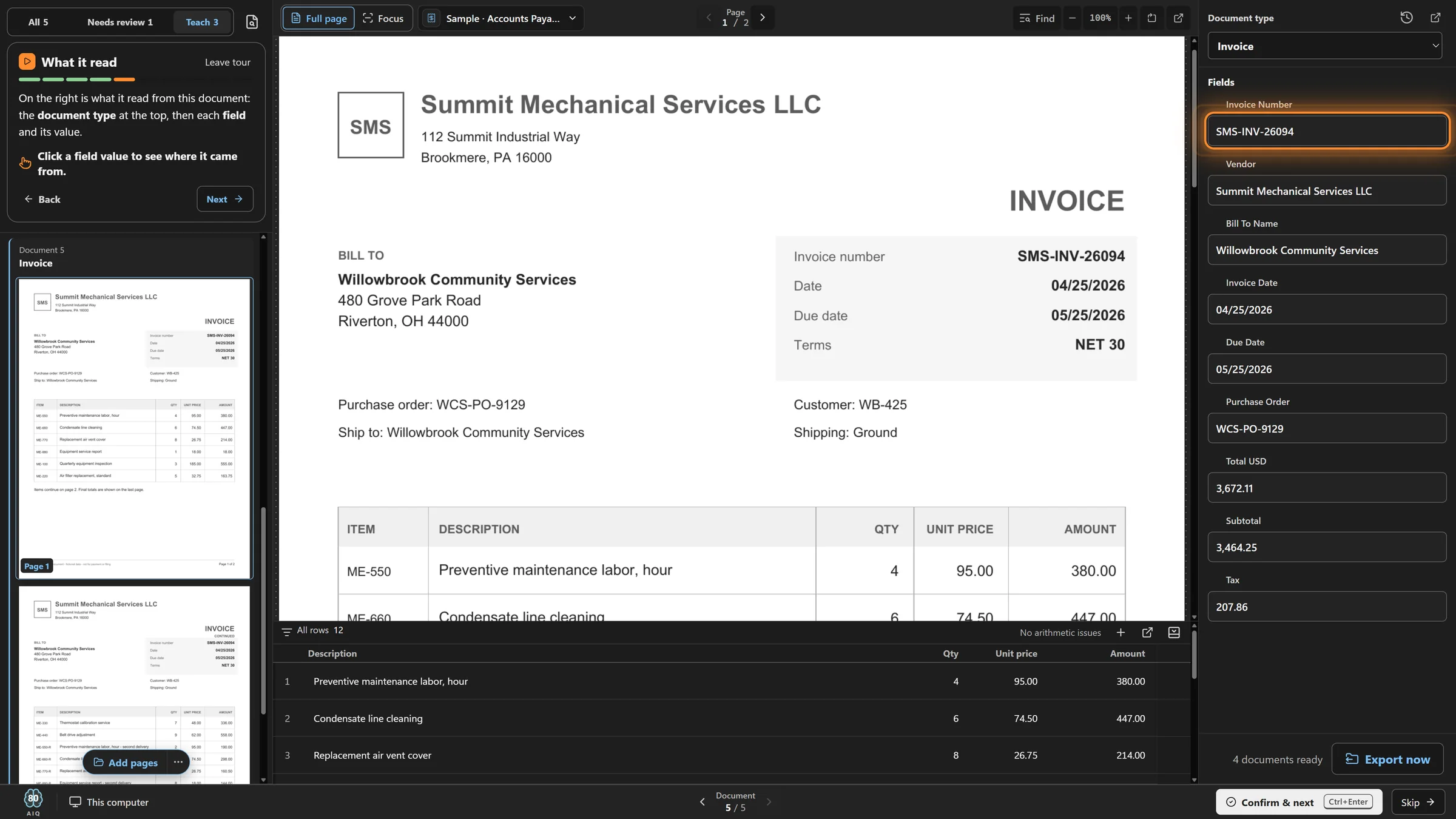 Everything CapturePoint read from an invoice, in dark mode