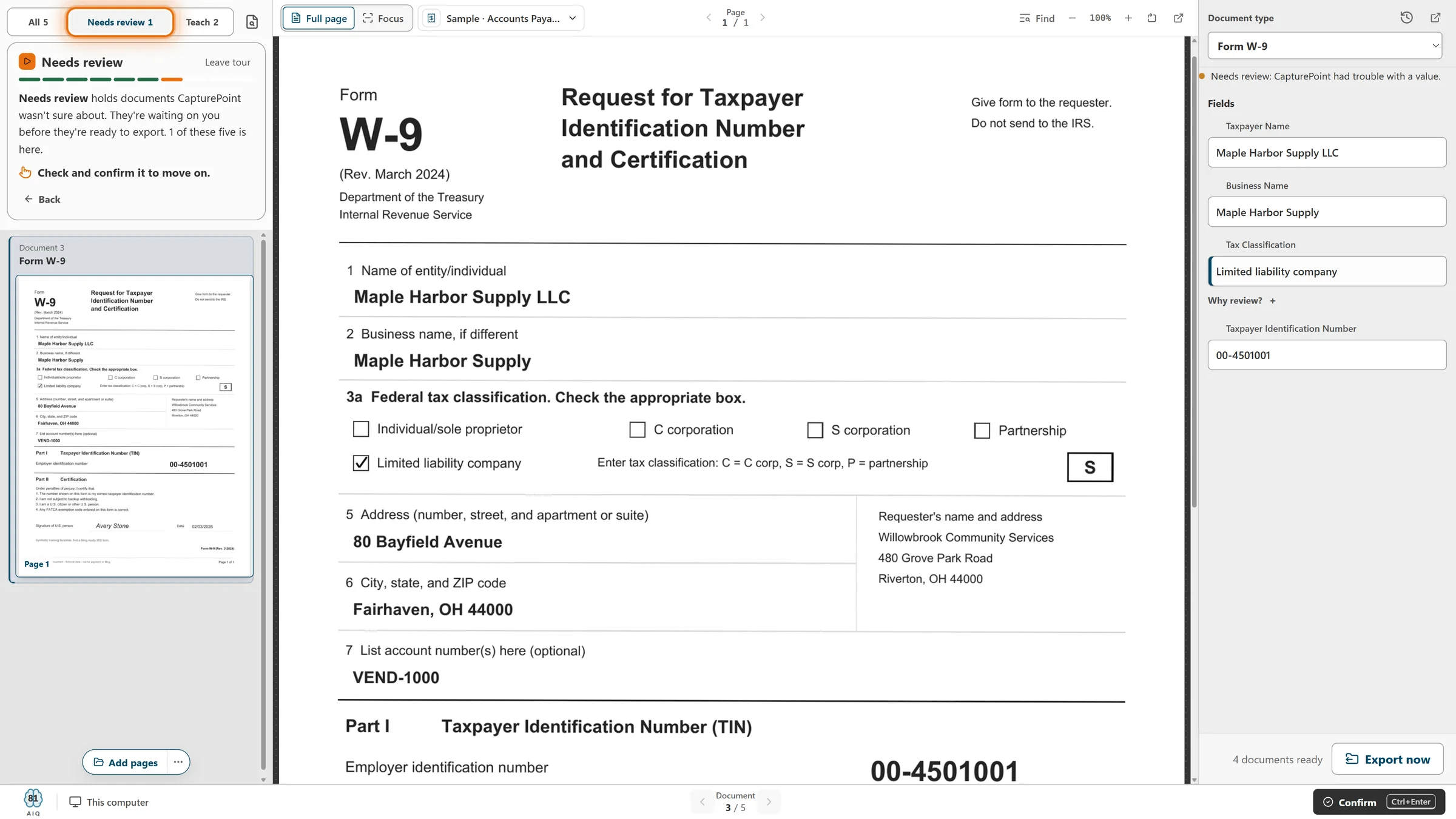 Needs review holds only the W-9 CapturePoint was unsure about, with the reason beside the field