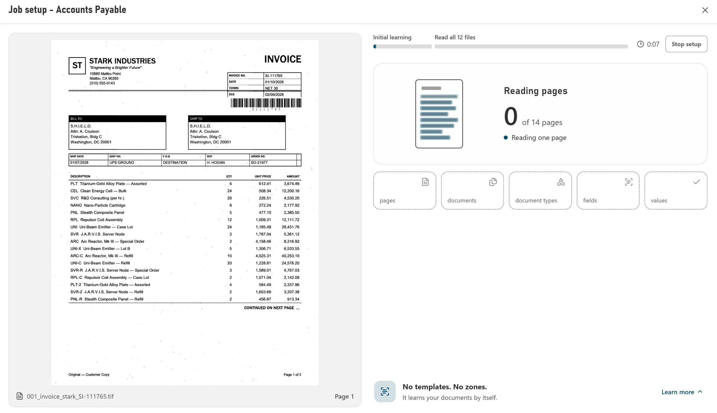 Job setup reading the first pages of an accounts payable folder: no templates, no zones