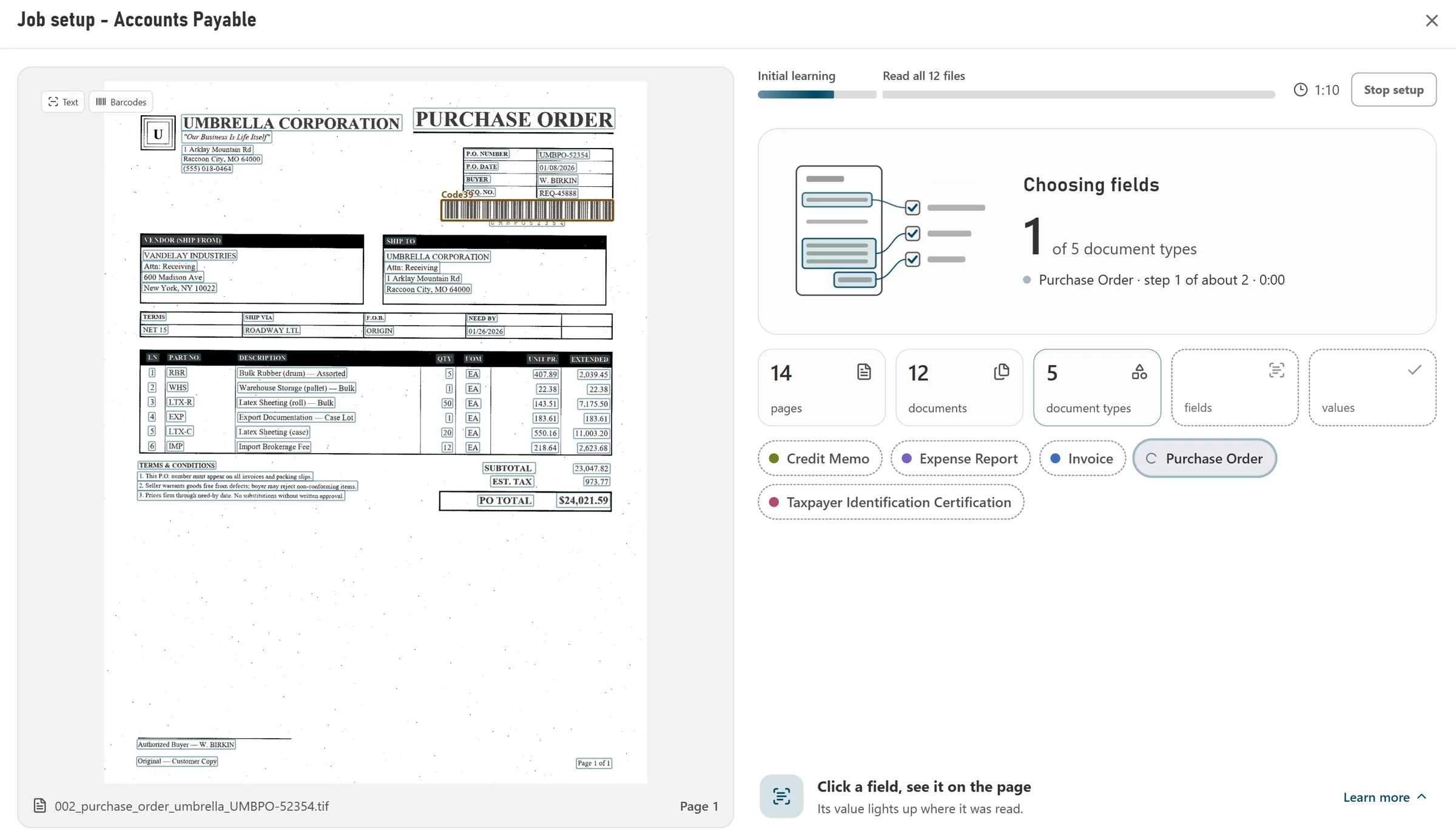 Job setup choosing the fields for each document type it found
