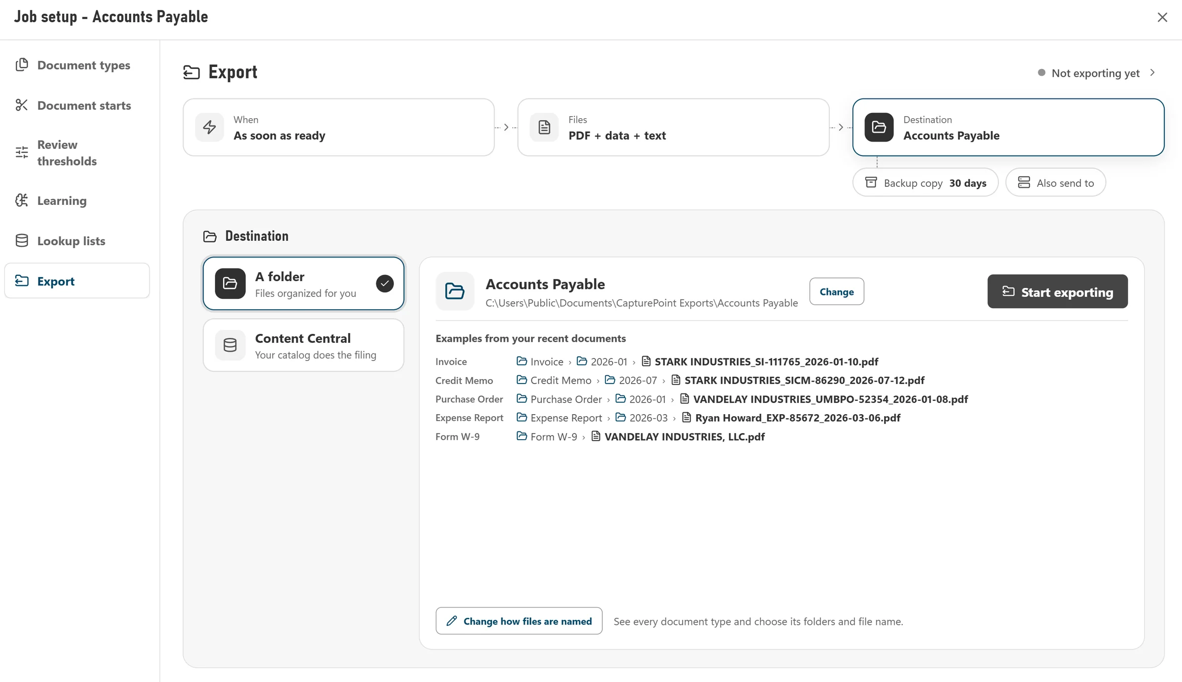 Export setup: files organized into folders by type and month, with real examples of where each document goes