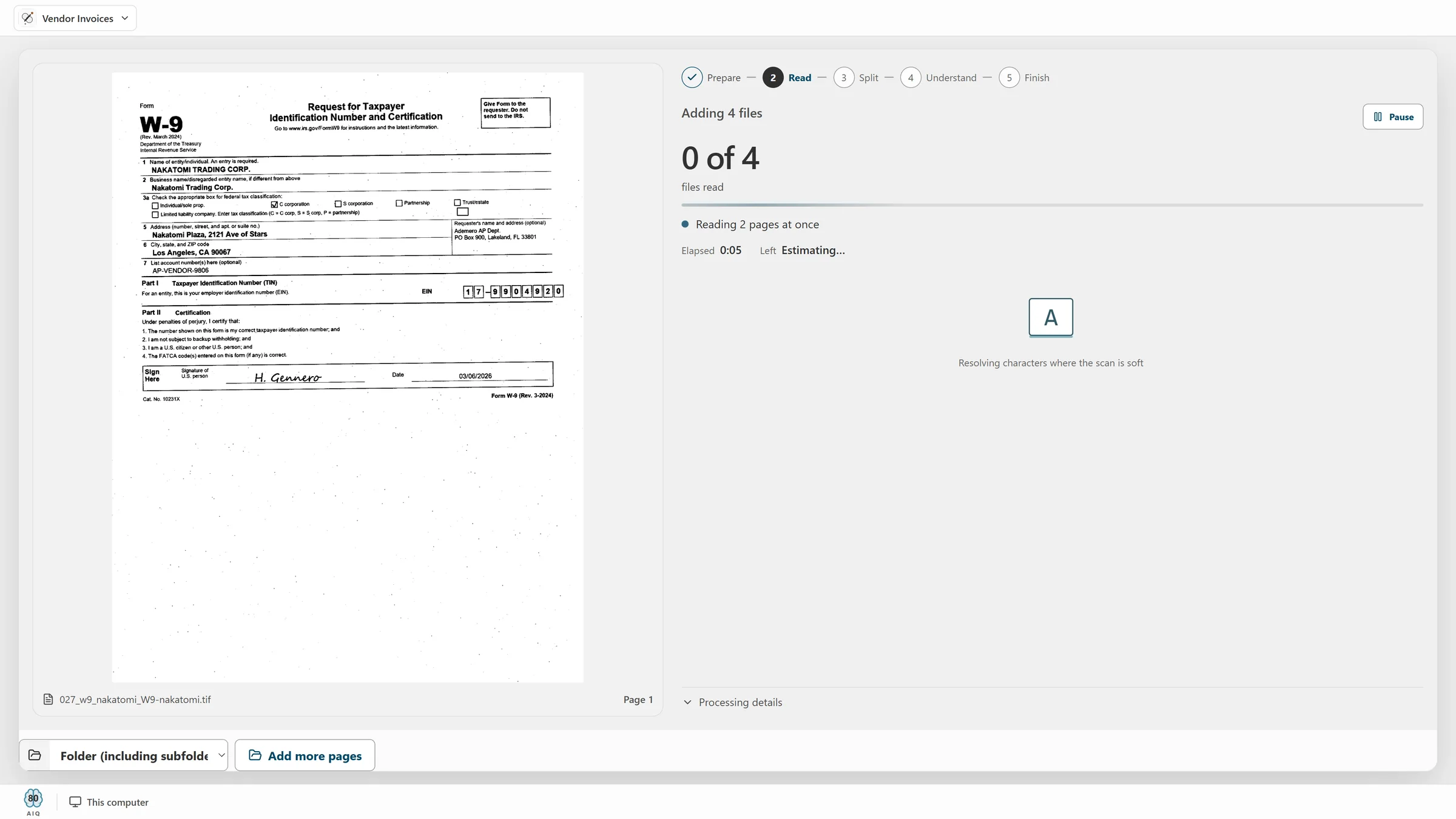 Prepare, Read, Split, Understand, Finish: reading a W-9 where the scan is soft