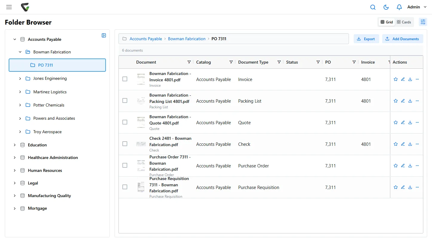 Content Central 7.6 - Accounts Payable catalog with vendor and PO folders