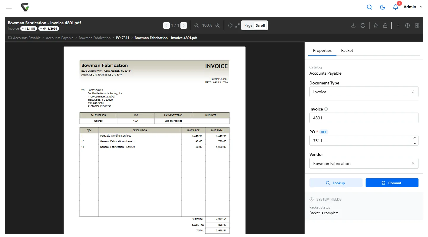 Content Central 7.6 - vendor invoice open in the document viewer with index fields
