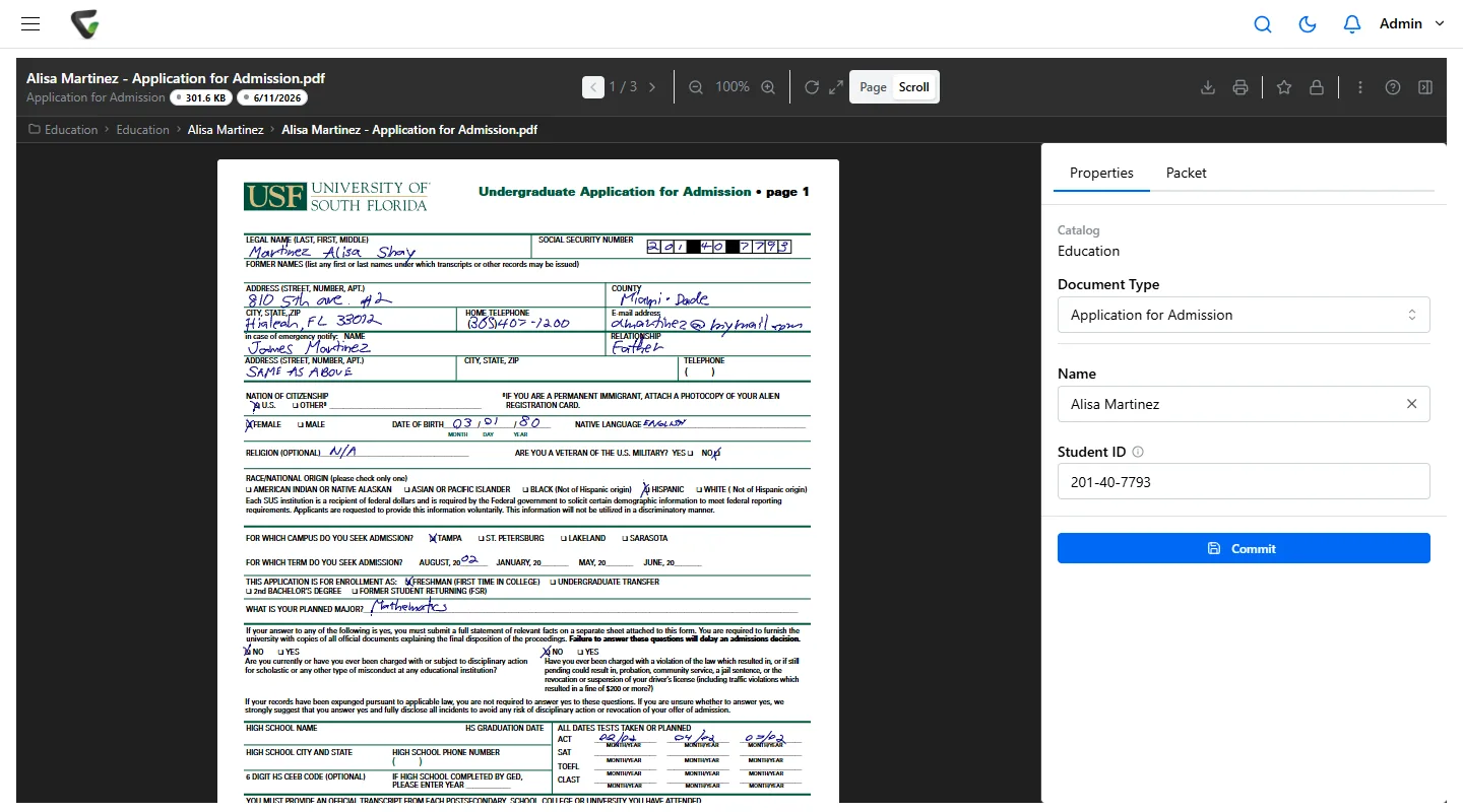 Content Central 7.6 - admission application in the viewer with Student ID index field