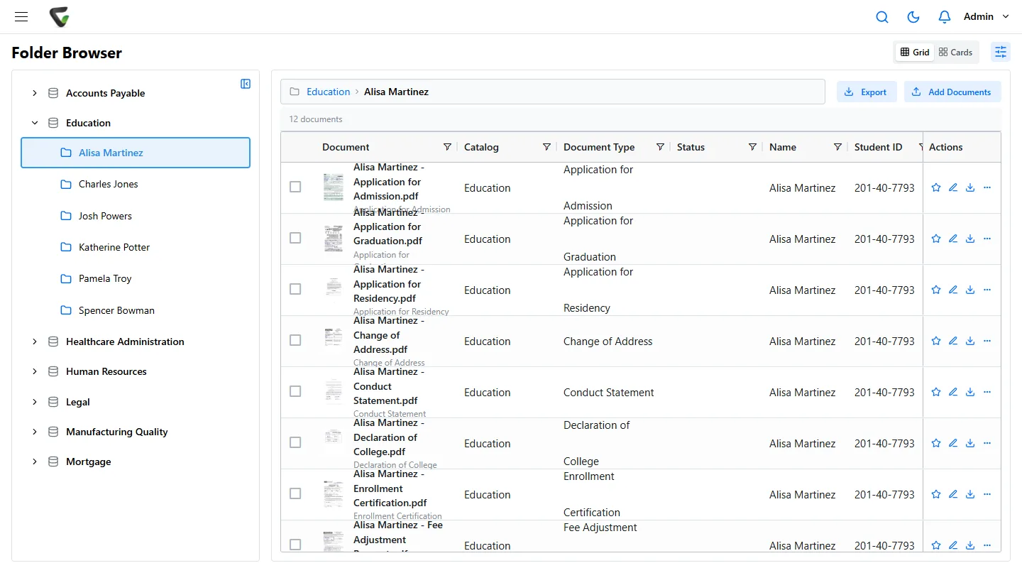 Content Central 7.6 - Education catalog with one folder per student