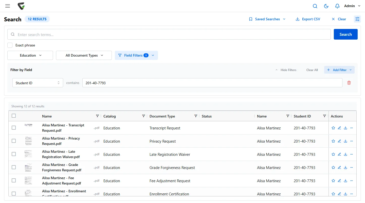 Content Central 7.6 - search results for a student ID across record types
