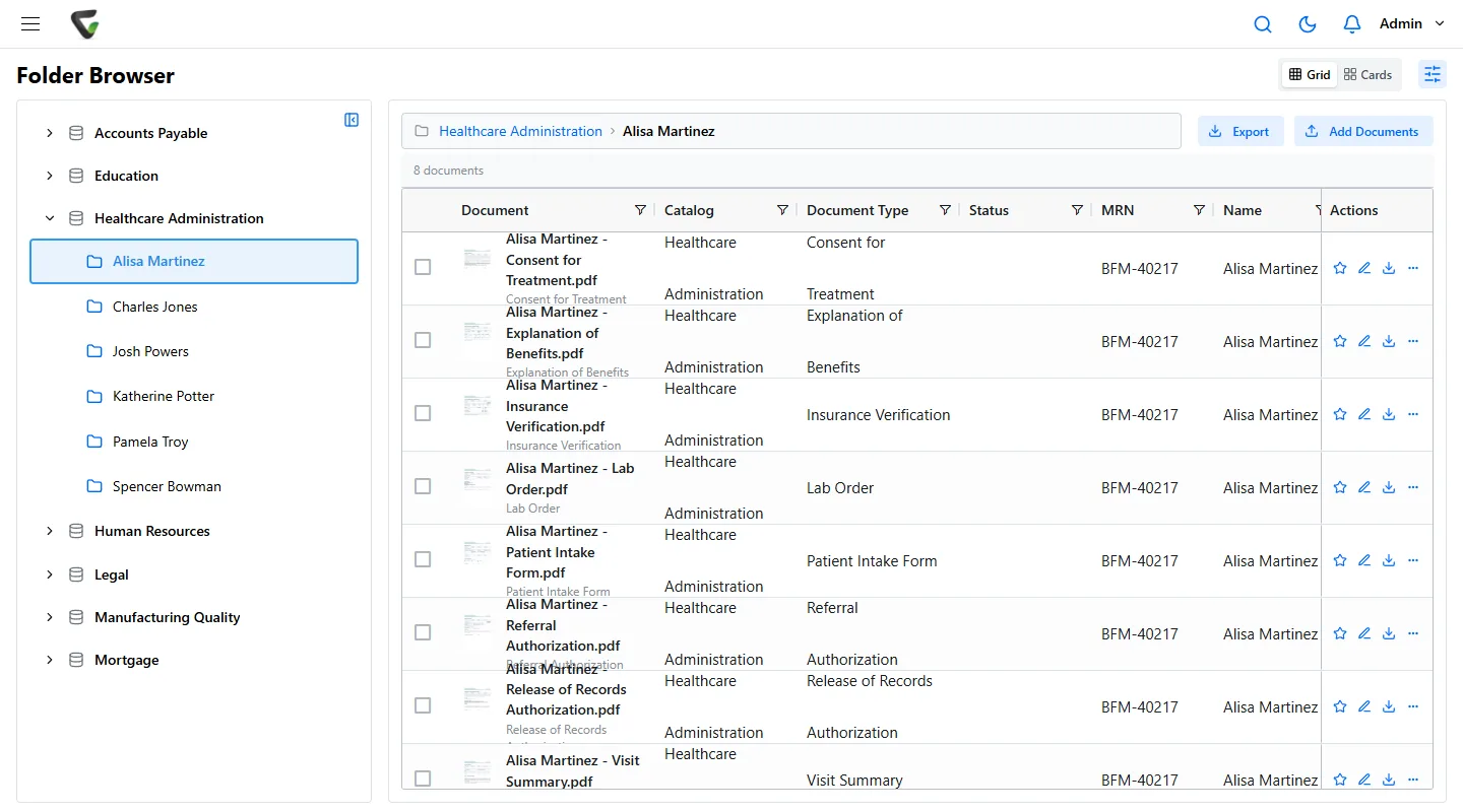 Content Central 7.6 - Healthcare Administration catalog with patient folders