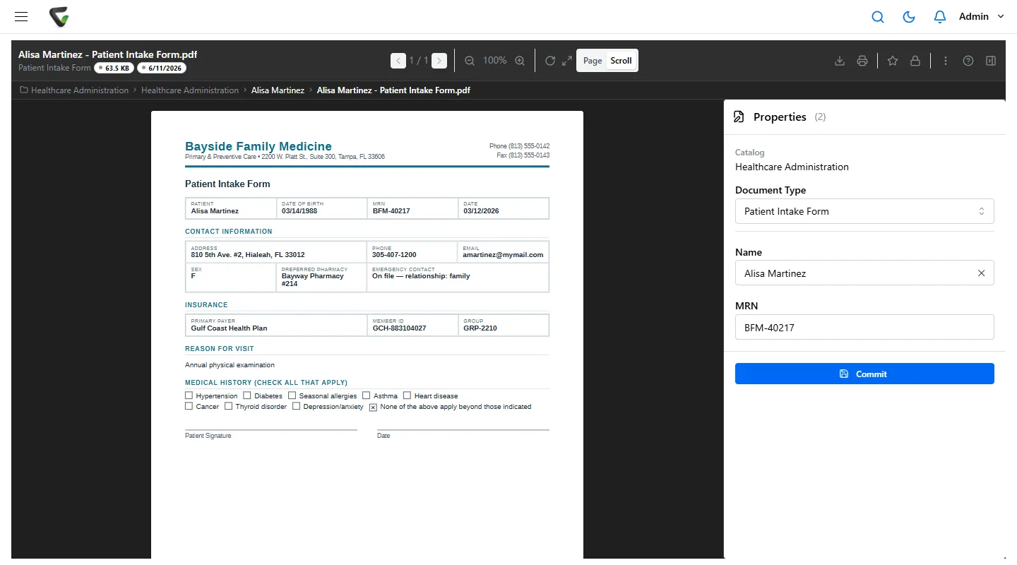 Content Central 7.6 - patient intake form in the viewer with MRN index field