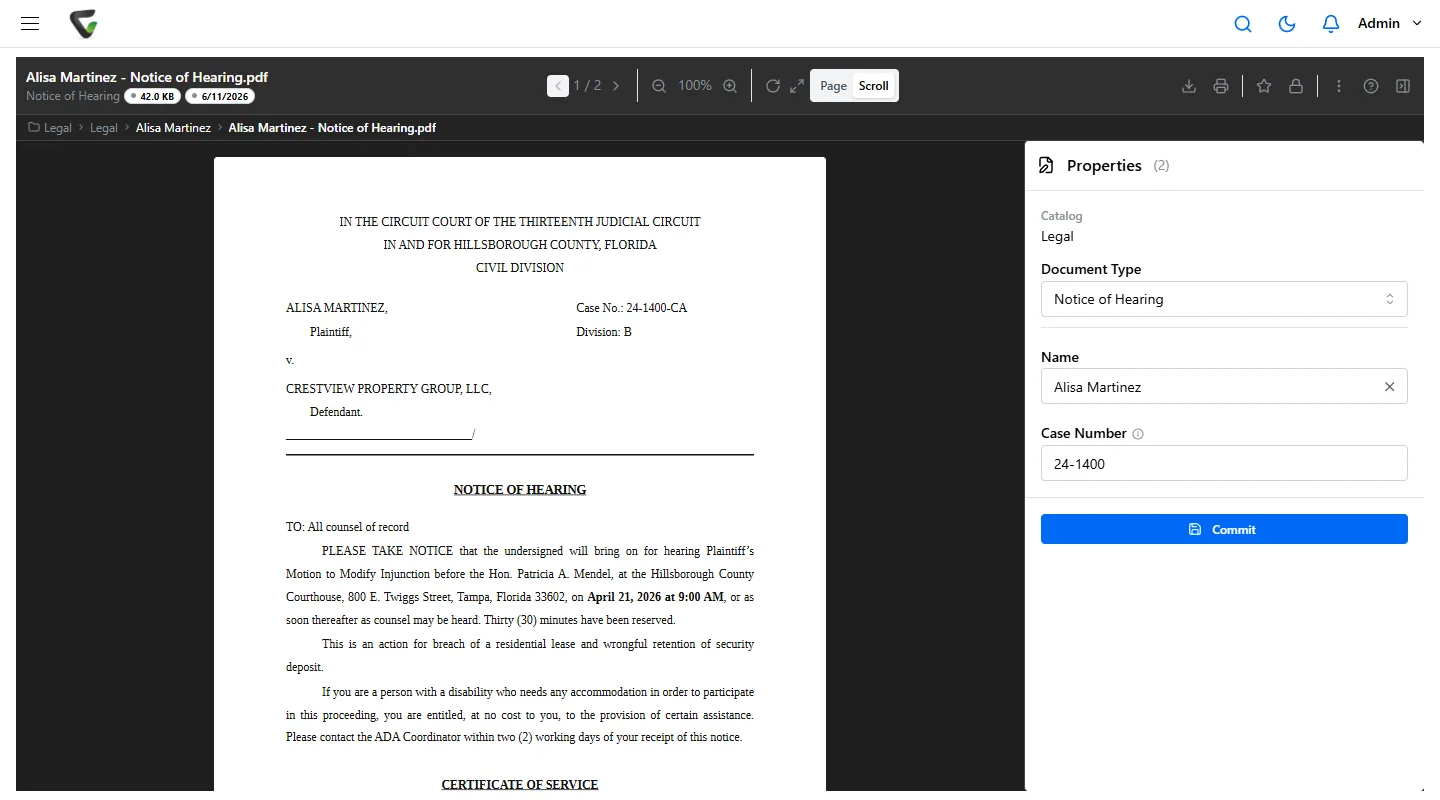 Content Central 7.6 - Notice of Hearing in the viewer with Case Number index field