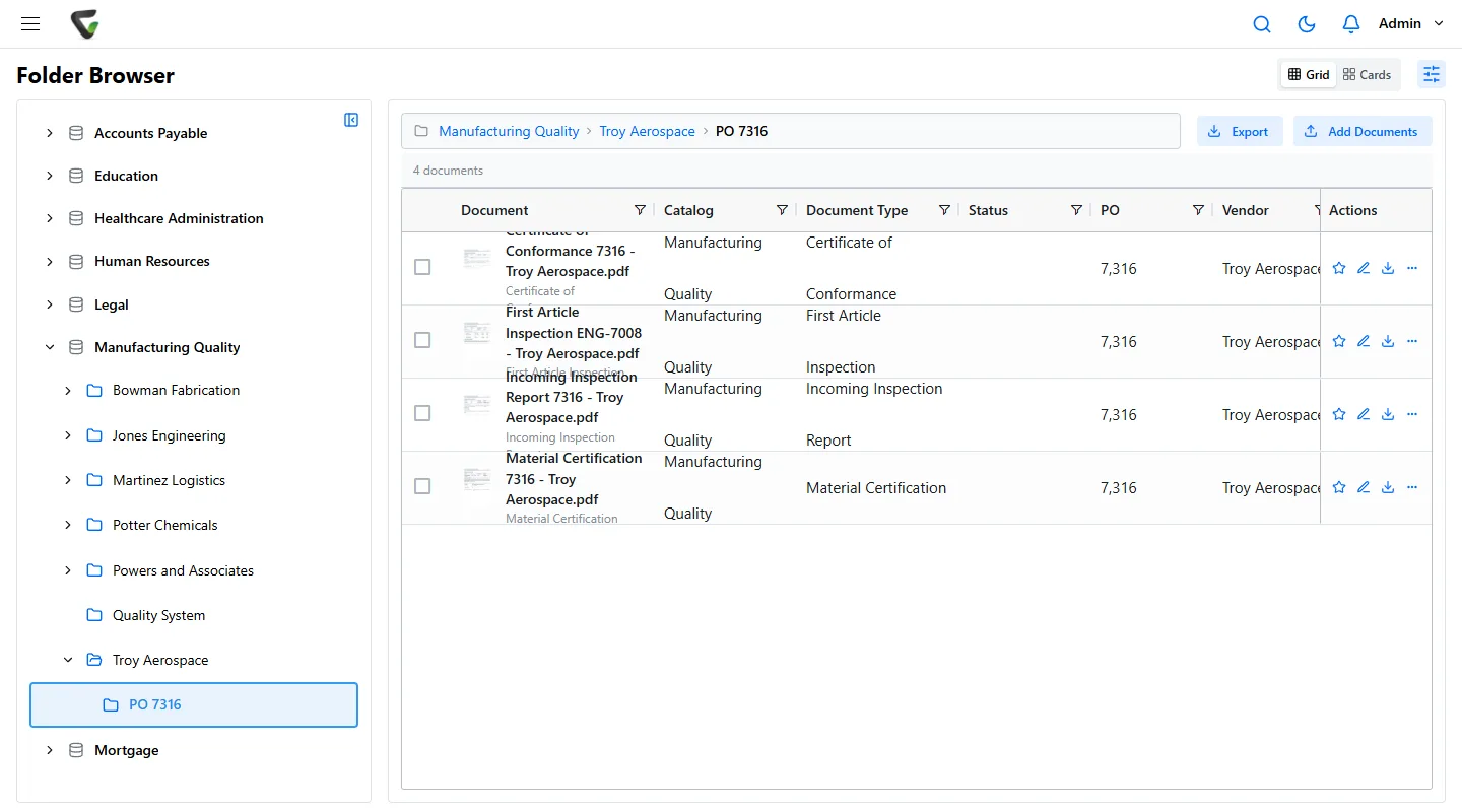 Content Central 7.6 - Manufacturing Quality catalog with supplier and PO folders