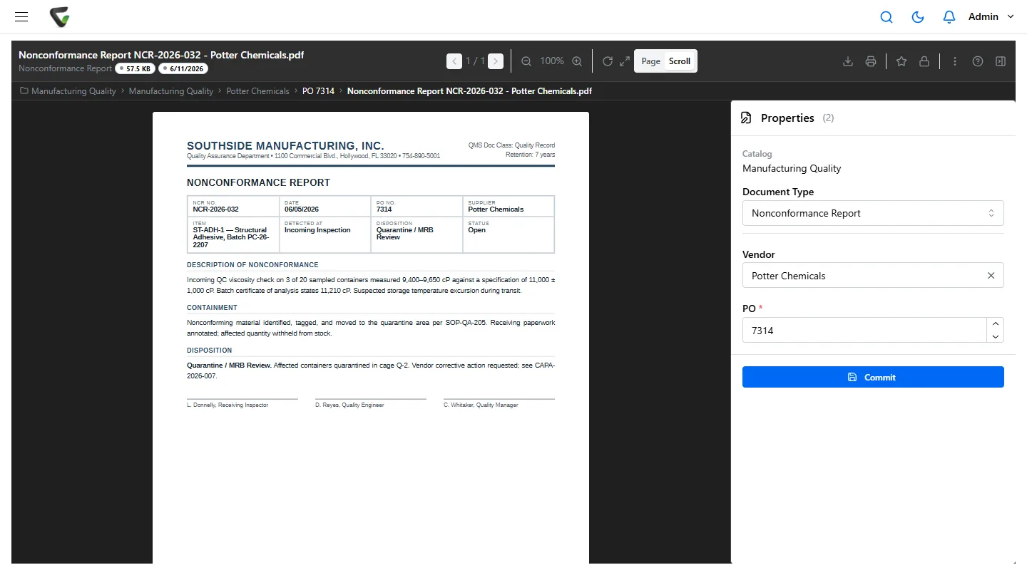 Content Central 7.6 - nonconformance report in the viewer with vendor and PO index fields