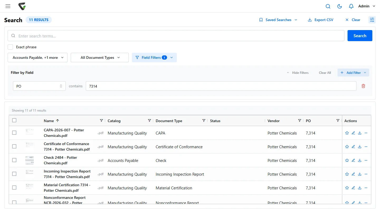 Content Central 7.6 - search results for one PO number across purchasing and quality records