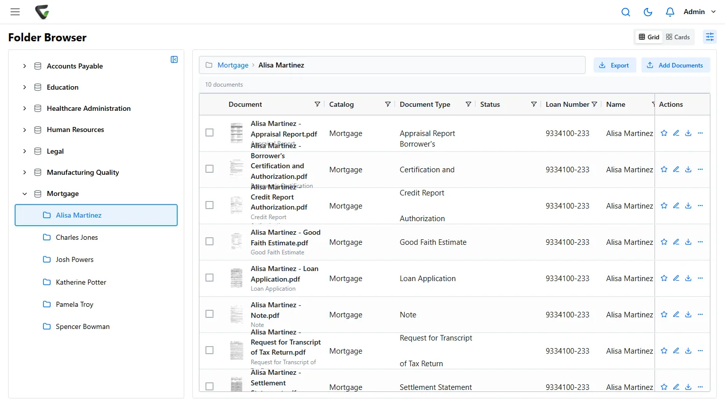 Content Central 7.6 - Mortgage catalog with one folder per borrower