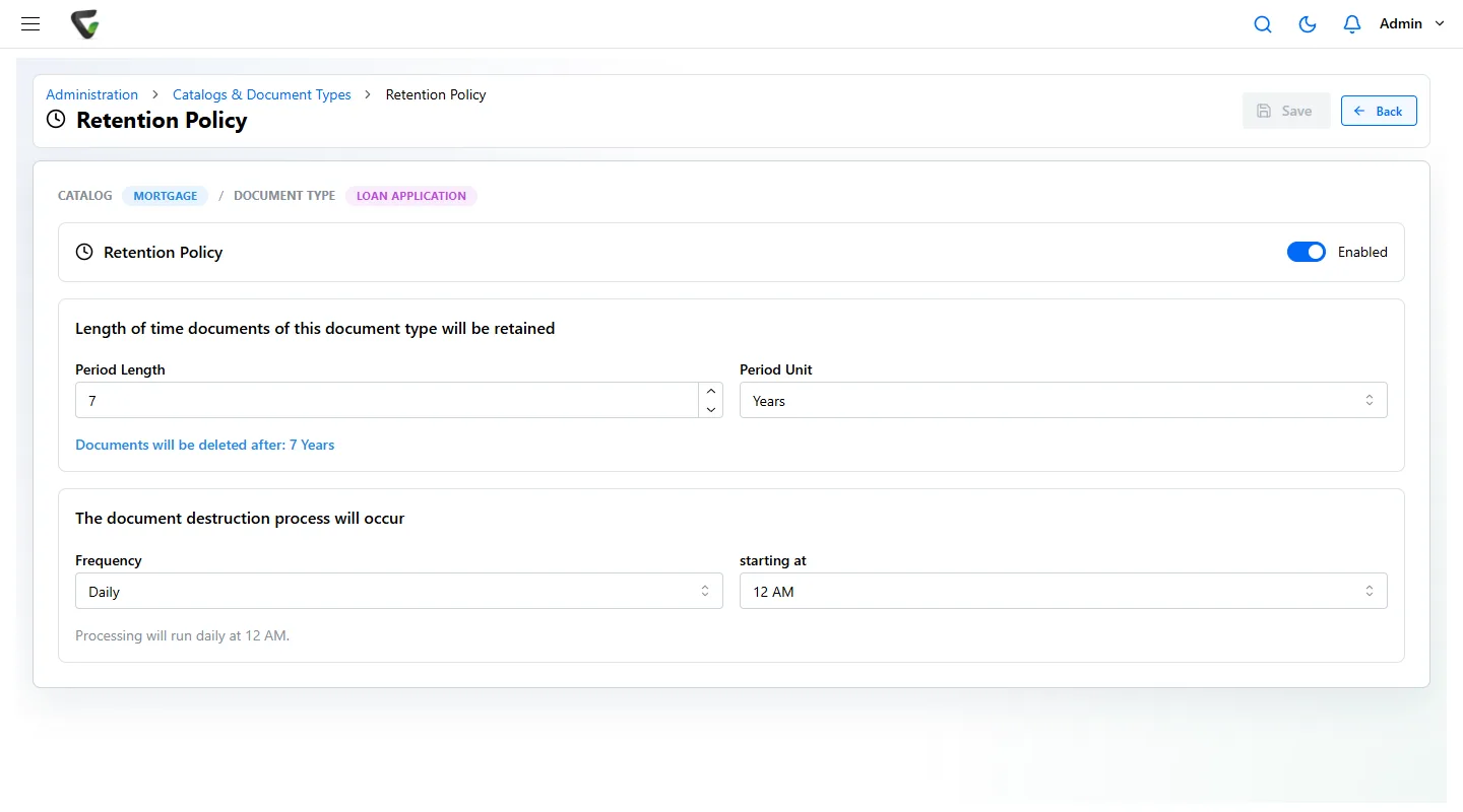 Content Central 7.6 - retention policy configuration screen