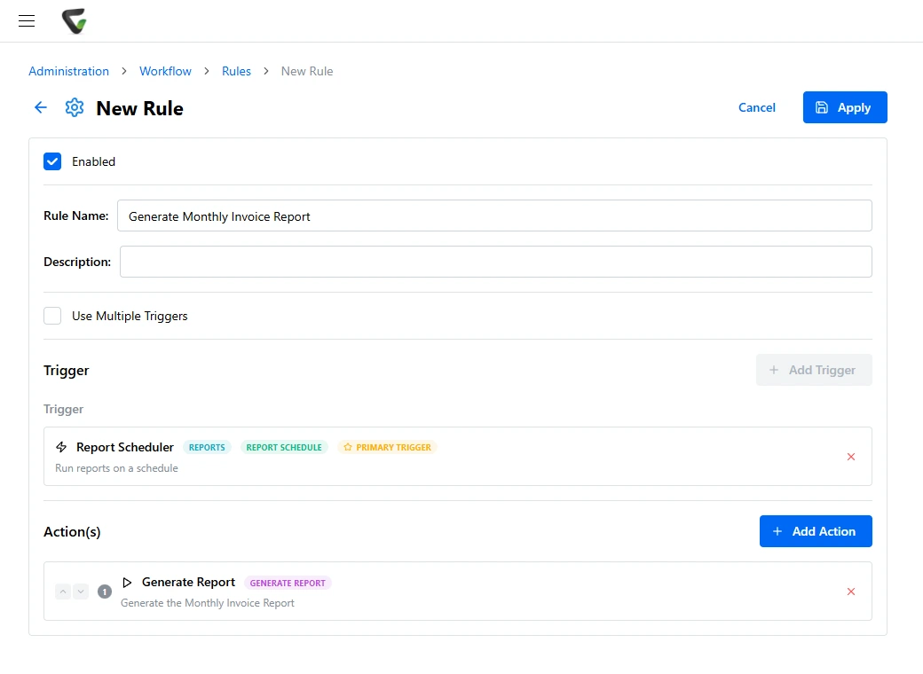 A Content Central workflow rule that routes documents for approval