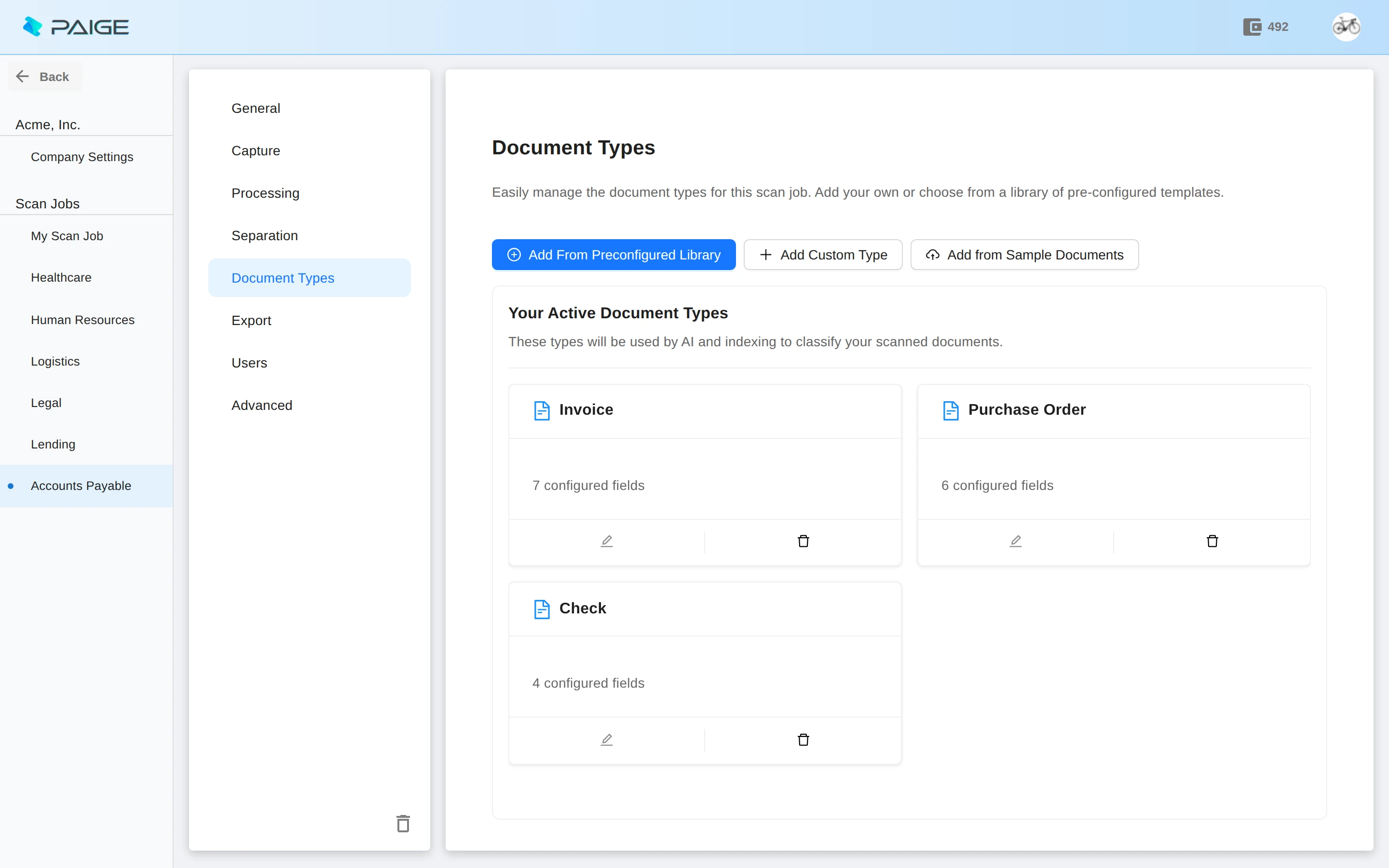 Paige - Document Types setup for the Accounts Payable scan job
