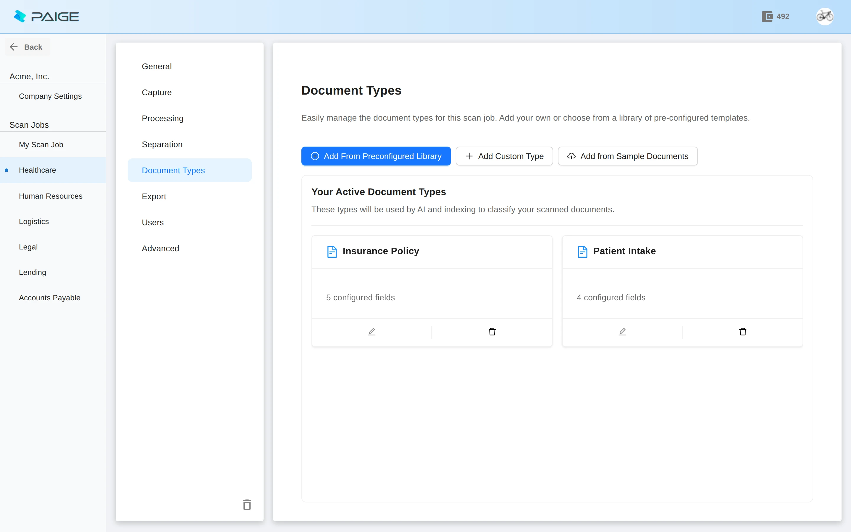 Paige - Document Types setup for the Healthcare scan job