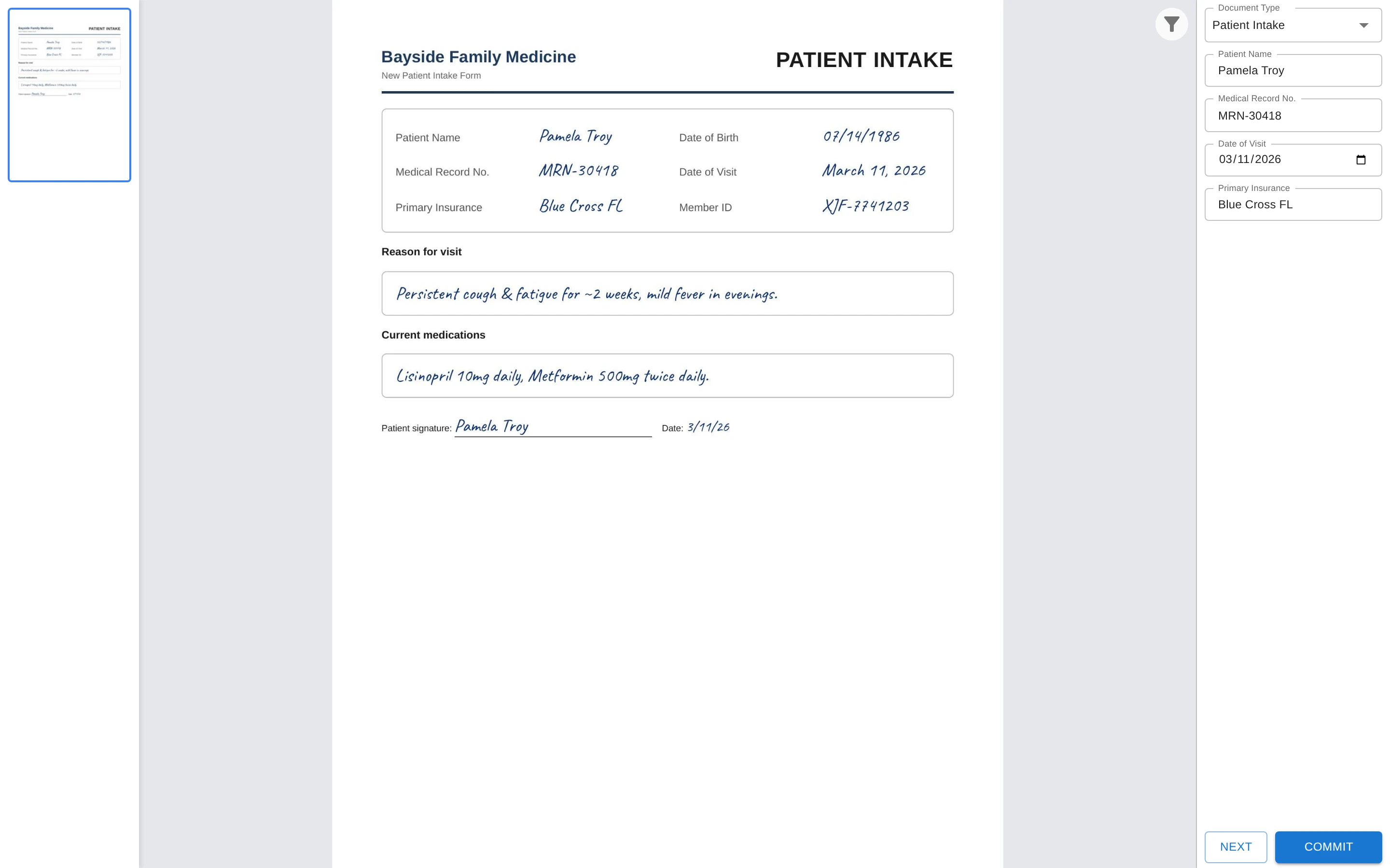 Paige - Healthcare document in Data Entry with extracted fields ready to verify