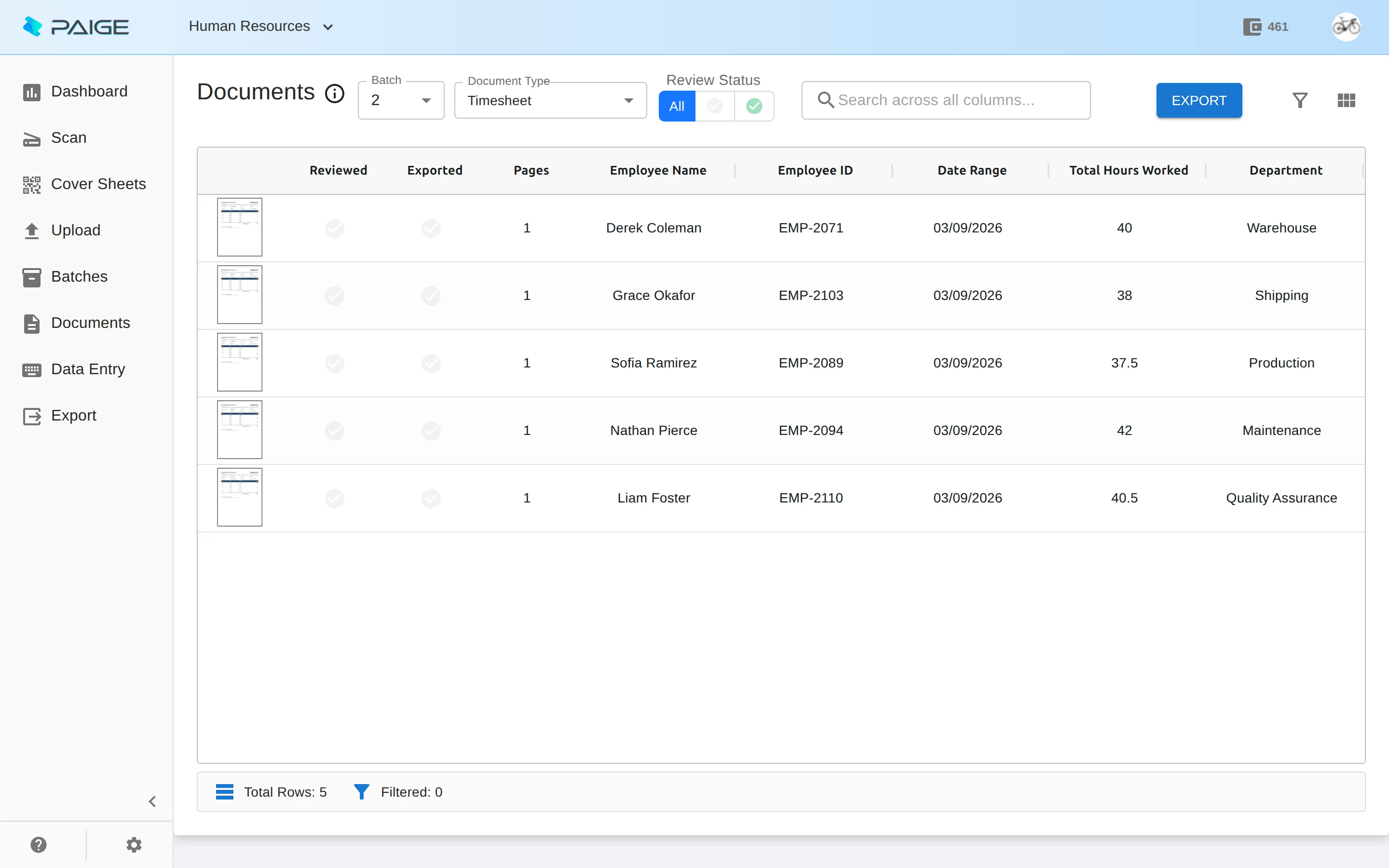 Paige - Human Resources documents with fields automatically extracted