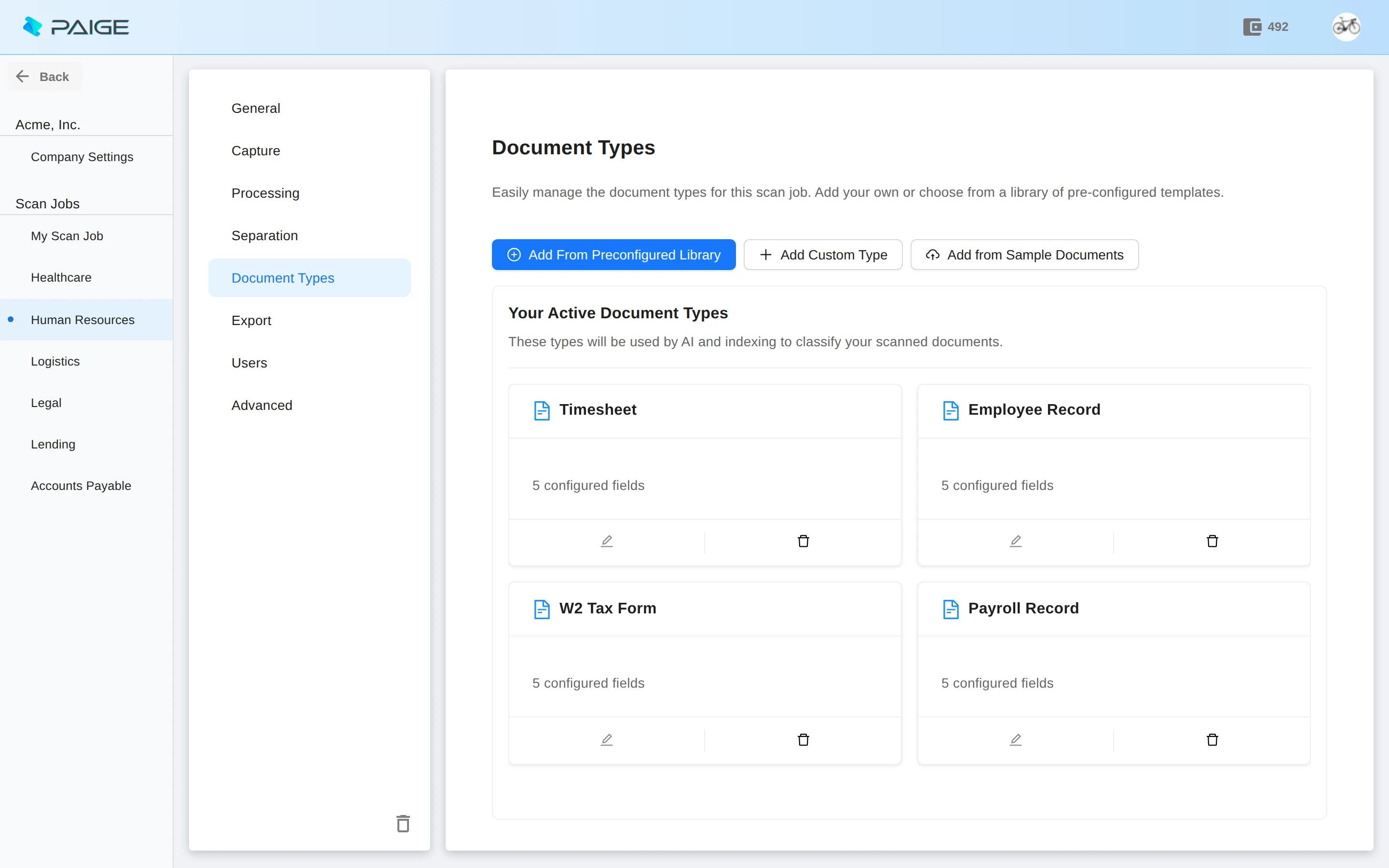 Paige - Document Types setup for the Human Resources scan job