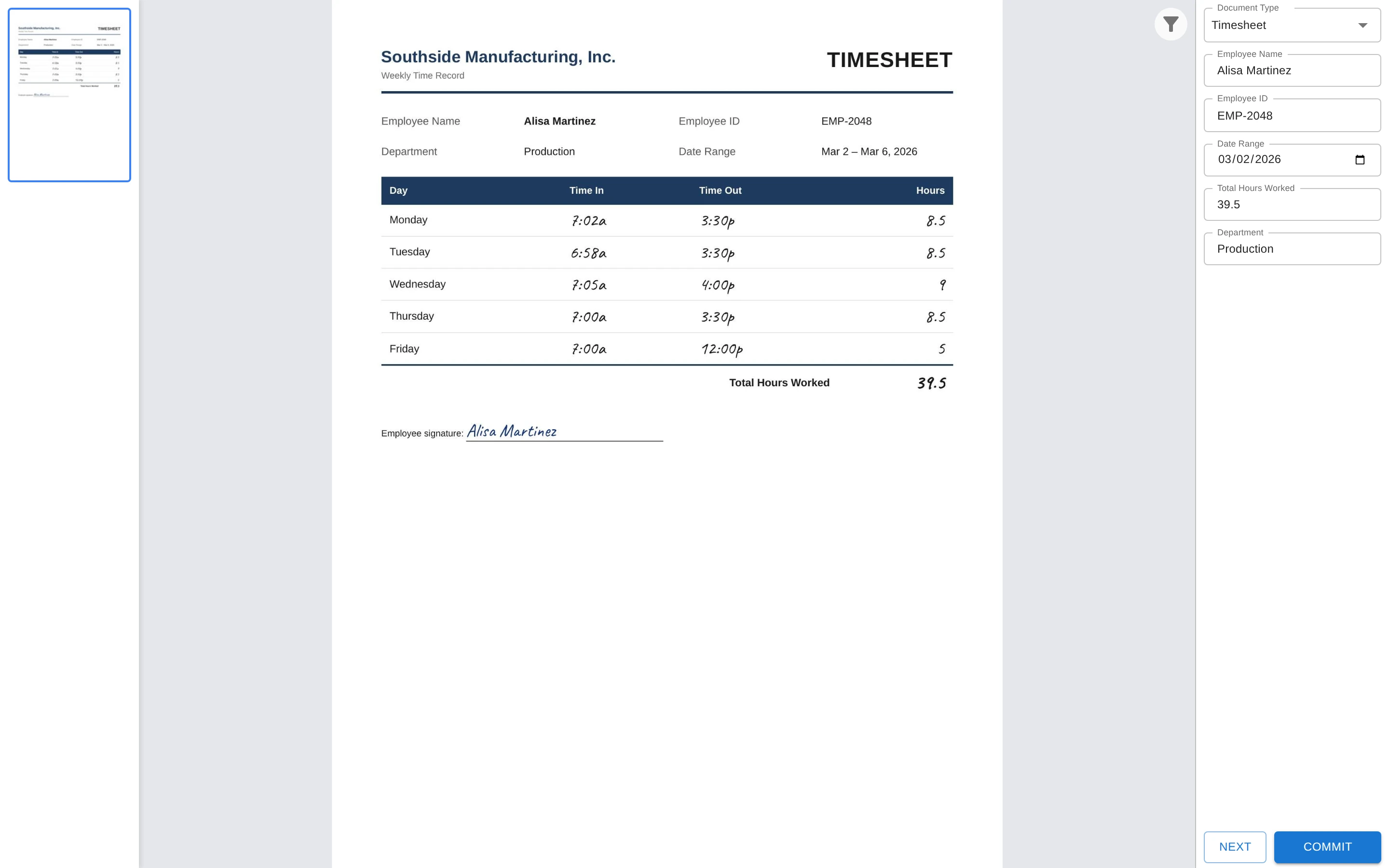 Paige - Human Resources document in Data Entry with extracted fields ready to verify