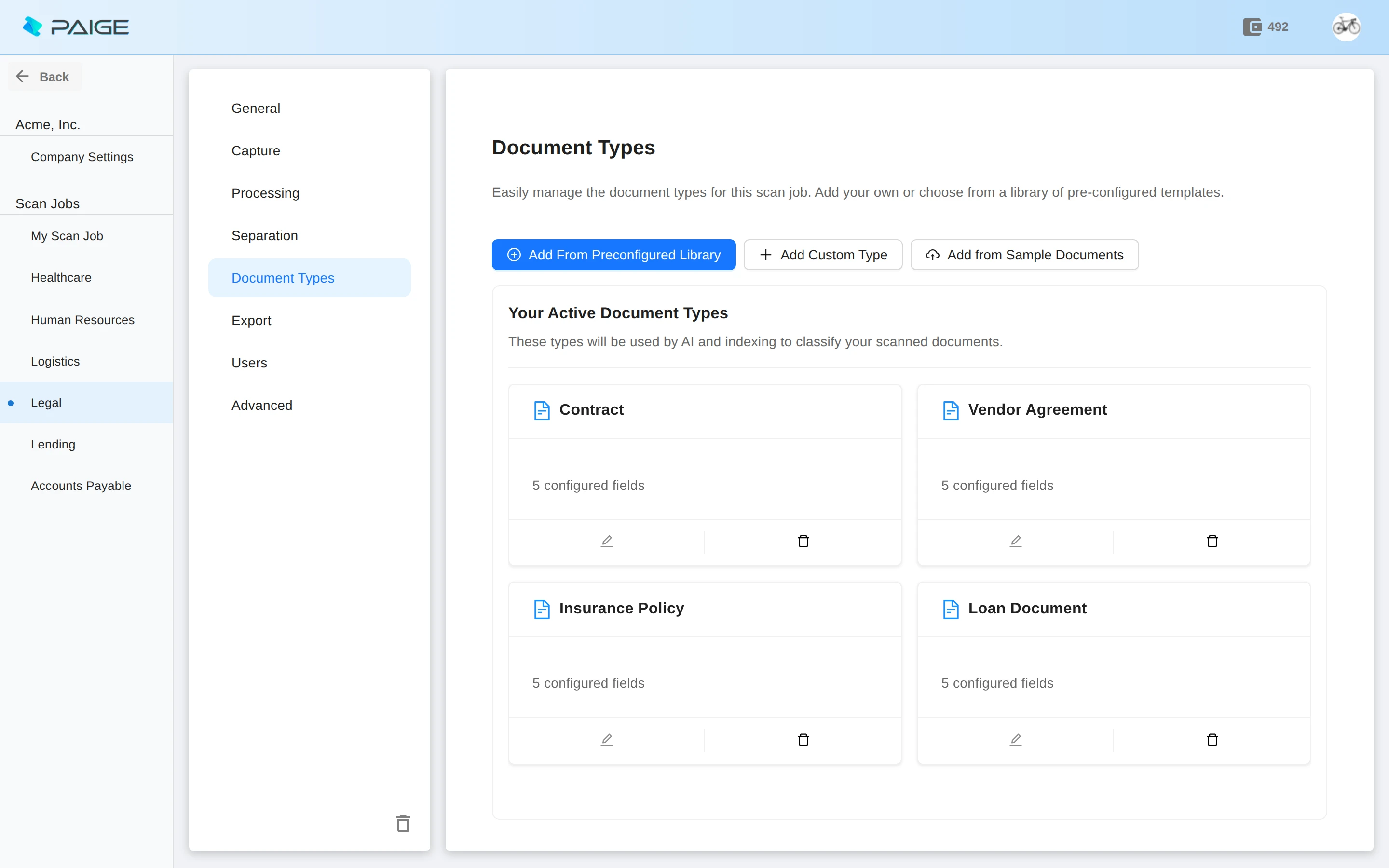 Paige - Document Types setup for the Legal scan job