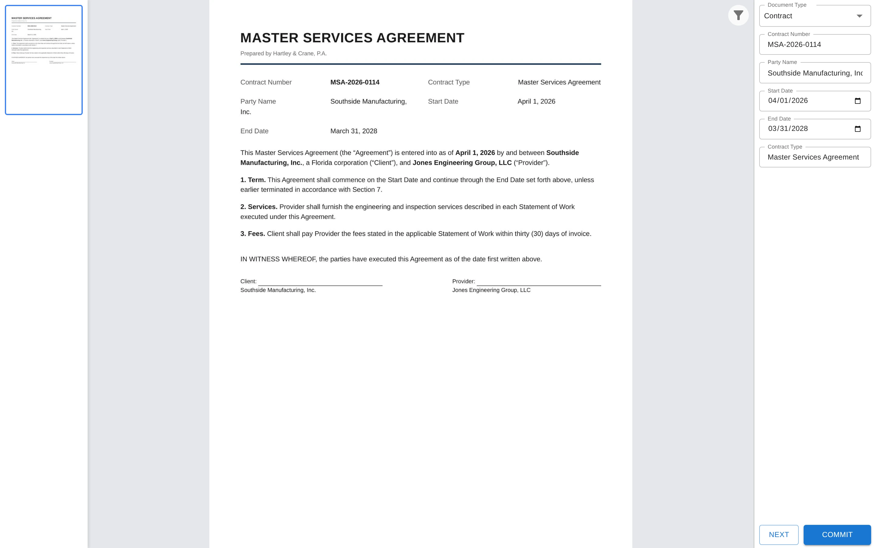Paige - Legal document in Data Entry with extracted fields ready to verify