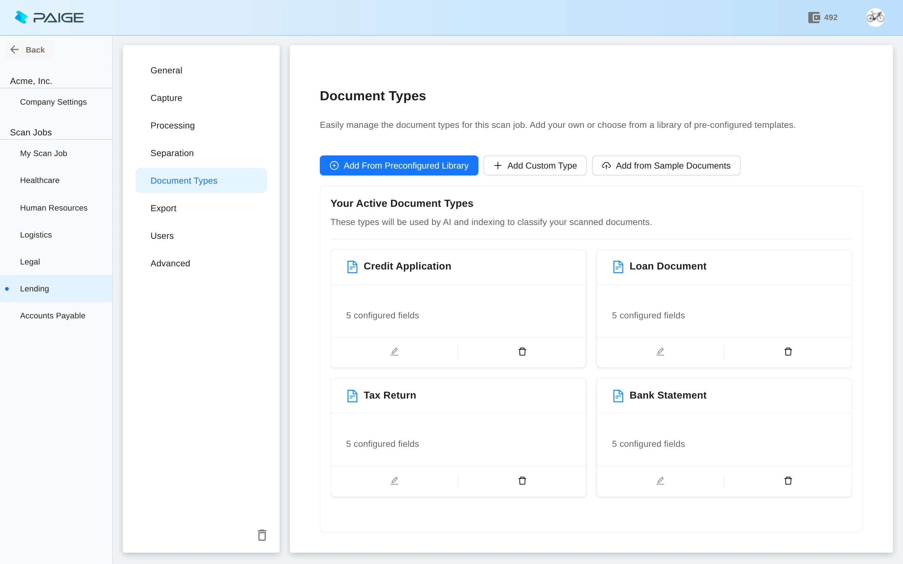 Paige - Document Types setup for the Lending scan job