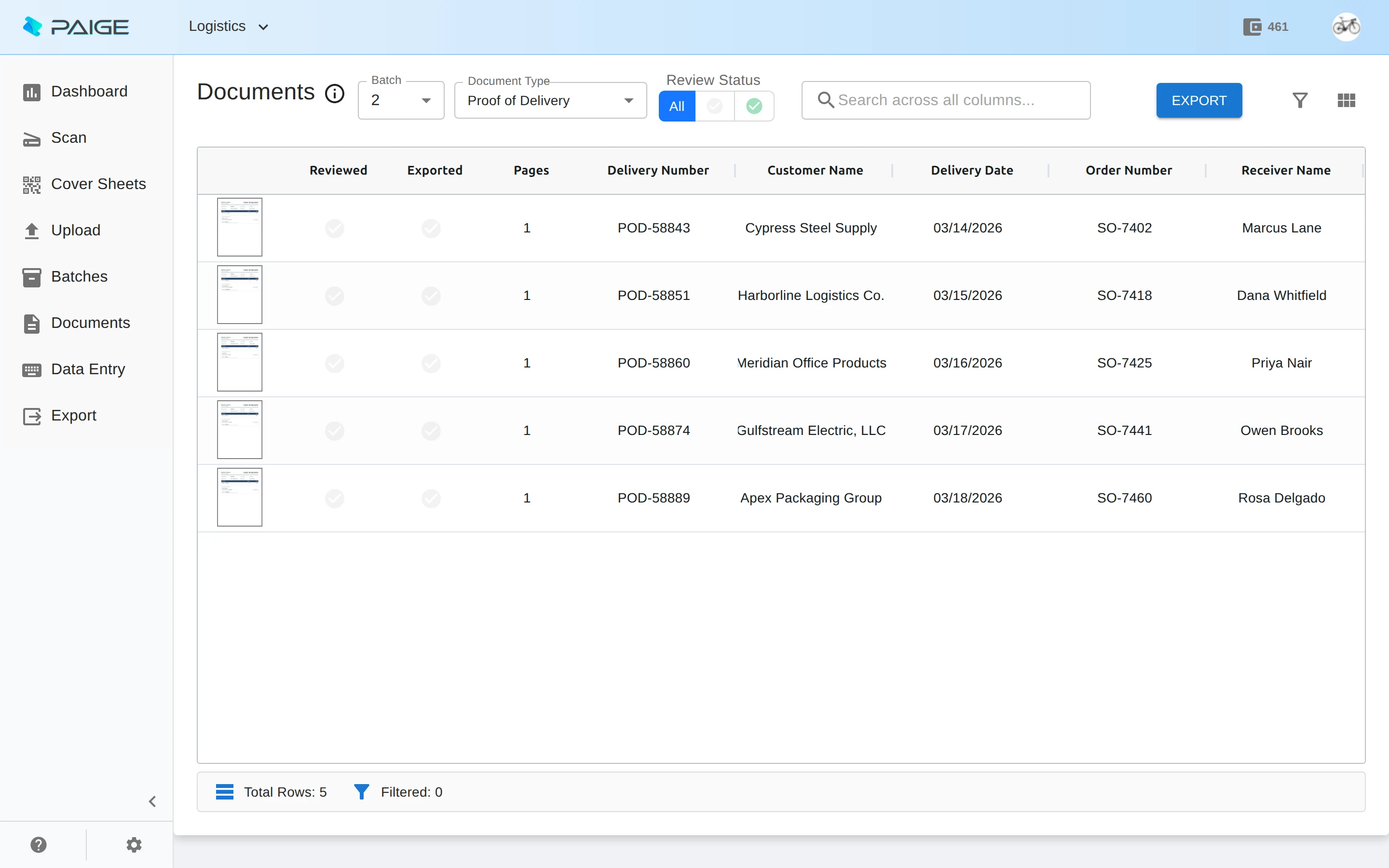 Paige - Logistics & Supply Chain documents with fields automatically extracted
