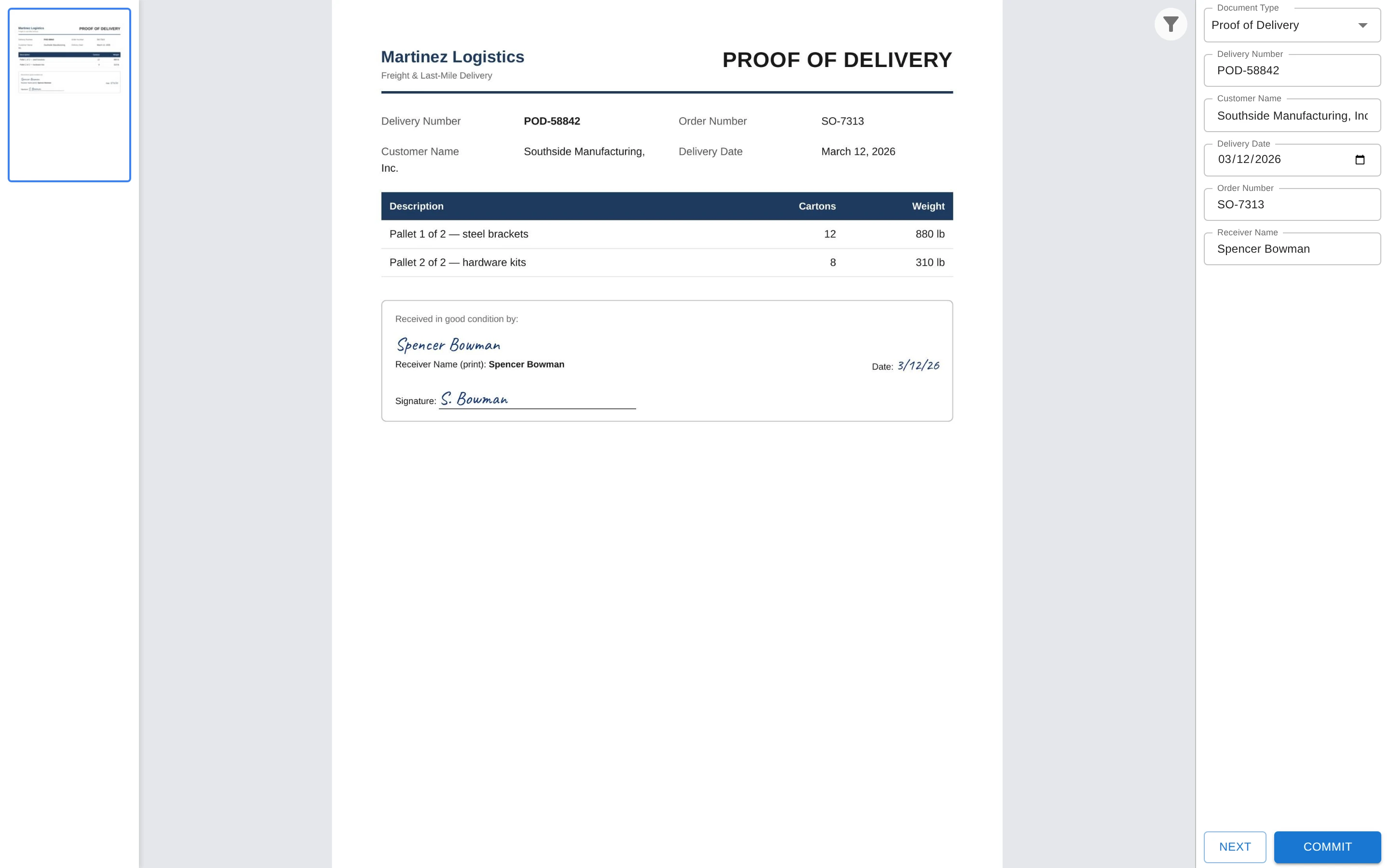 Paige - Logistics & Supply Chain document in Data Entry with extracted fields ready to verify