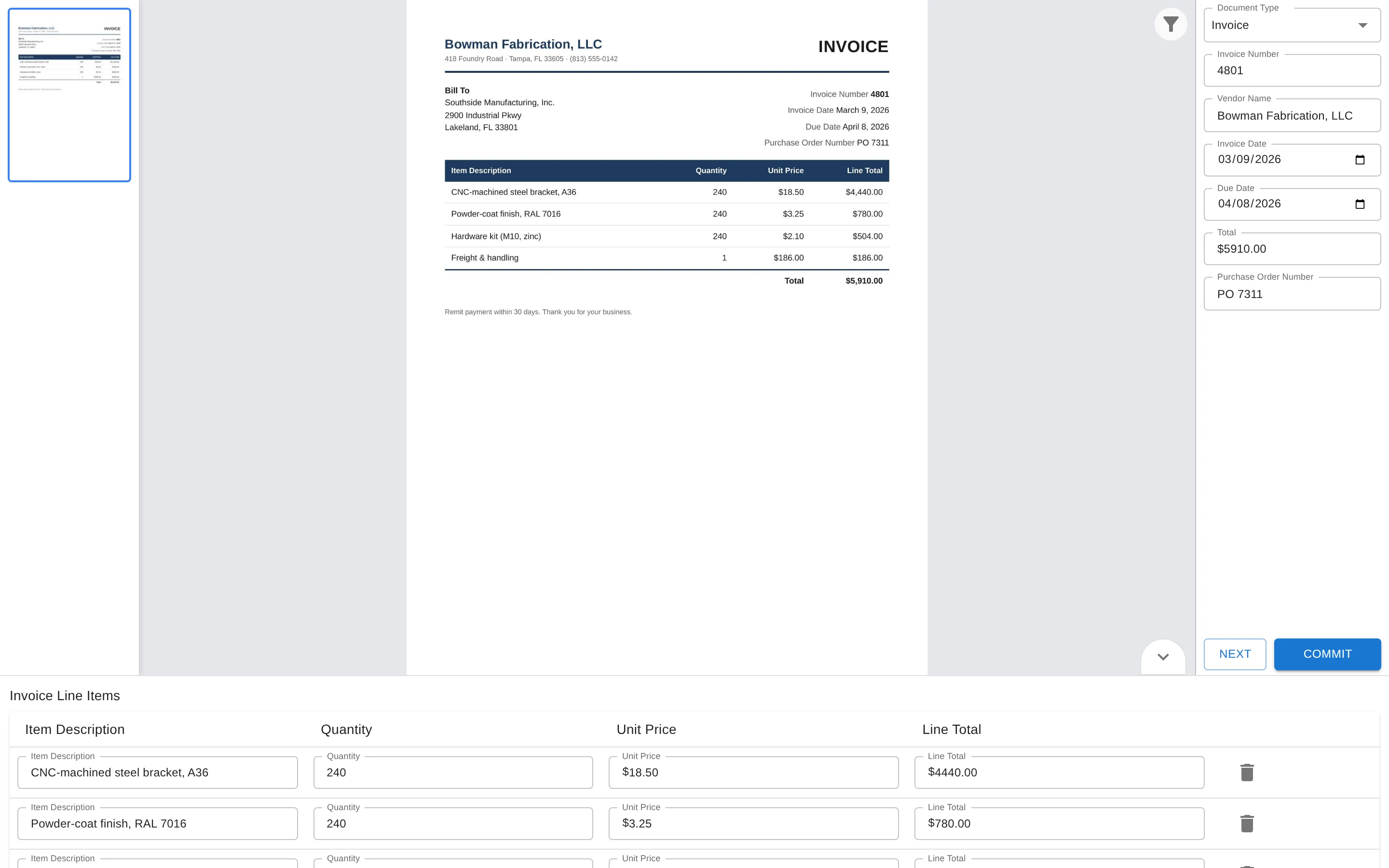 Paige - Data Entry view with the document image beside editable extracted fields