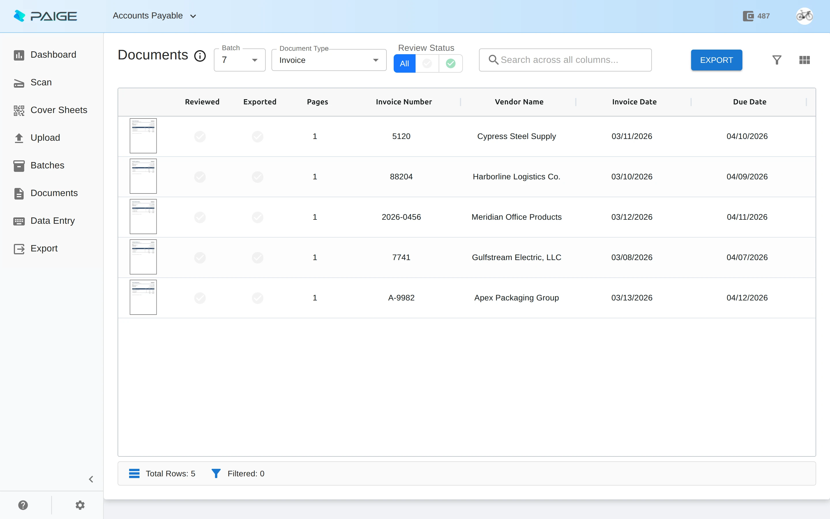 Paige - an invoice automatically classified and its fields extracted in the Documents grid