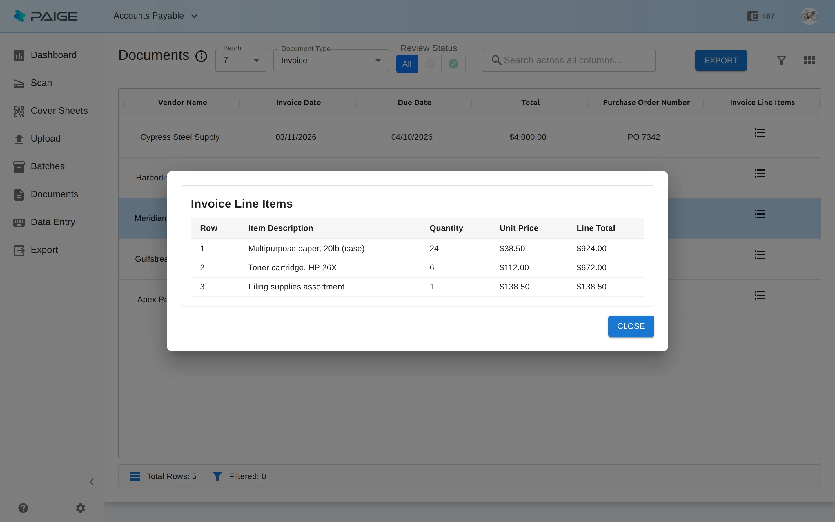 Paige showing the line items read from an invoice: description, quantity, unit price and line total