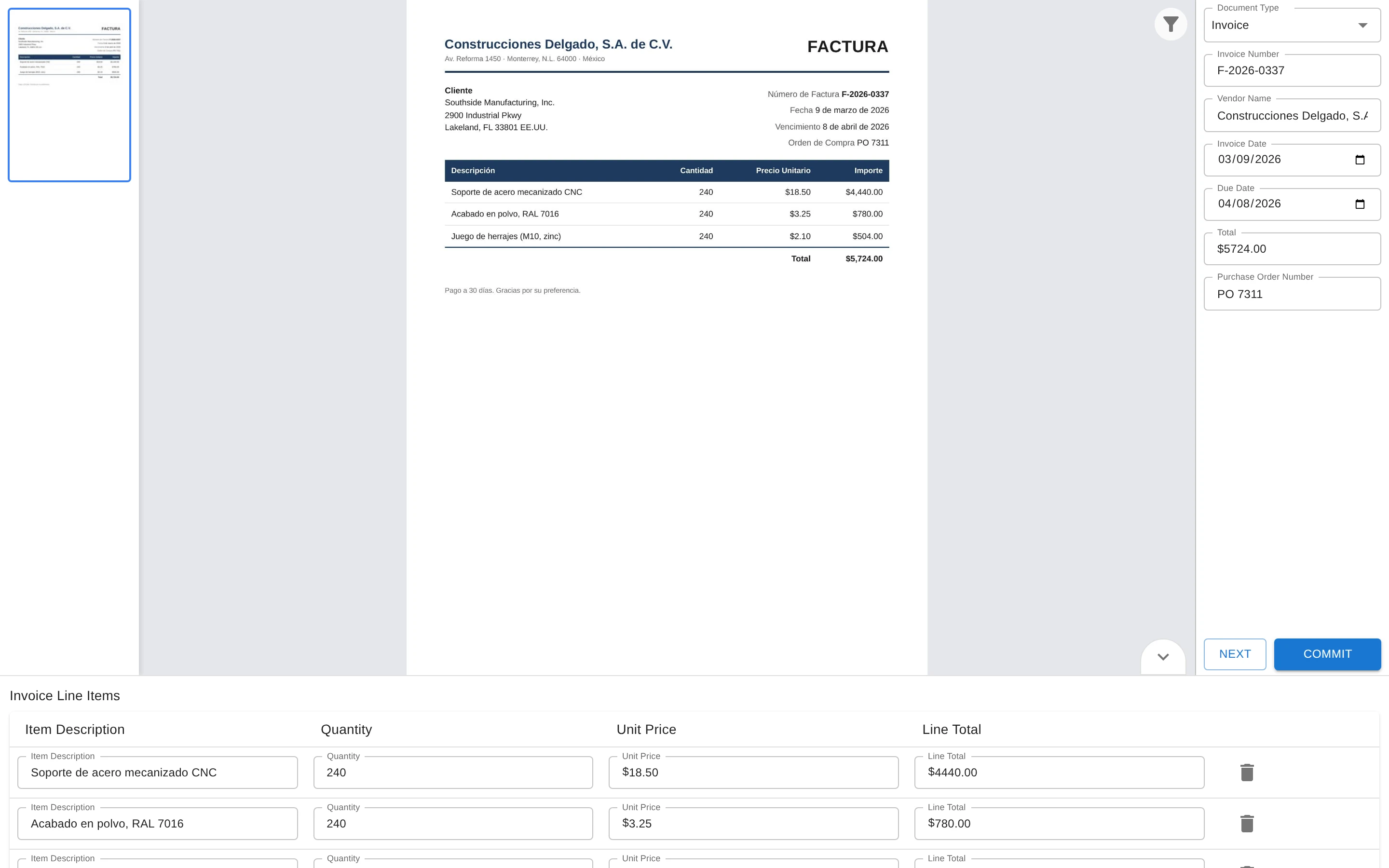 Paige - a Spanish-language invoice with fields extracted into English labels